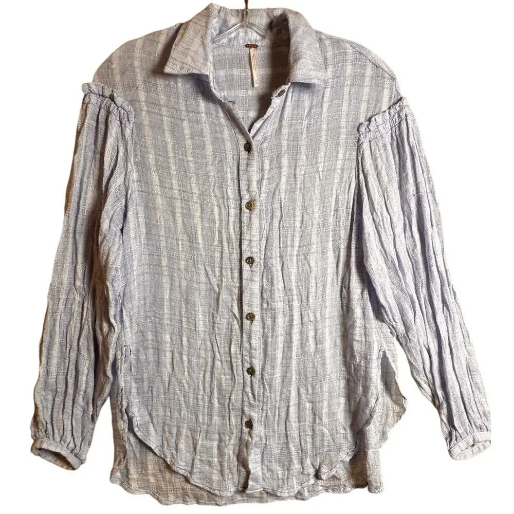 Free People Headed‎ To The Highlands Blue White Gauzy Shirt Womens Size XS Boho
